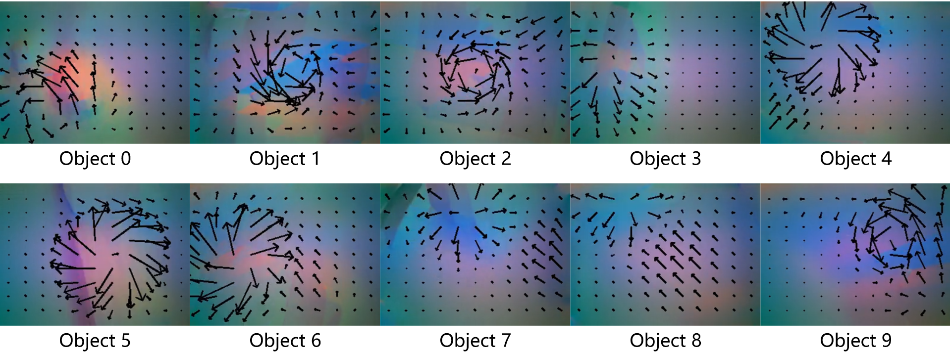 Tactile RGB images with marker-motion overlays at the moment of grasping, for the ten Object-Soft tasks